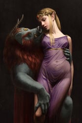 astoralexander black_background black_eyes blonde_hair breasts claws death_and_the_maiden detailed eye_contact female fine_art_parody fur ganon highres horns long_hair male monster nintendo nipples open_mouth orange_eyes painting_(artwork) parted_lips pointy_ears princess_zelda public_domain realistic red_hair simple_background small_breasts the_legend_of_zelda tiara twilight_princess zelda_(twilight_princess)