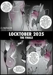 1female 1femboy artist_name blush canphem chastity_cage chastity_key chastity_release dialogue erection female femboy femdom hanna jade locktober penis release small_penis teasing text willow_(canphem)