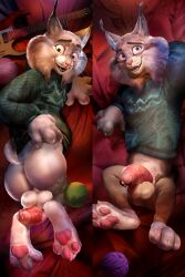 anthro balls big_balls big_hands big_penis bodily_fluids bottomless bottomwear bottomwear_down claws clothed clothing crooked_whiskers dakimakura dakimakura_design disney electric_guitar felid feline foreskin fur genital_fluids genitals green_clothing green_sweater green_topwear grey_body grey_fur guitar hand_behind_head hi_res humanoid_genitalia humanoid_penis lying lynx male mammal musical_instrument on_back on_side pants pants_down partially_clothed pawbert_lynxley penis pillow plucked_string_instrument pose precum seductive short_tail smile solo spectrumshift string_instrument sweater sweater_only tail topwear topwear_only zootopia