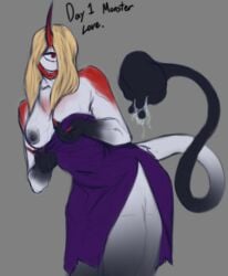 androidz big_breasts blonde_hair bodily_fluids breasts clothing cyclops dress female flashing hair humanoid long_hair nipples not_furry simple_background smile tail tail_mouth thick_thighs unusual_anatomy unusual_tail vein veiny_breasts