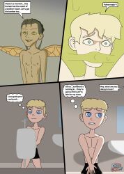 3boys alien alien_boy alien_humanoid antennae bathroom brother_and_brother brothers comic comic_page cyles_cinning gay glowing high_school high_school_boy high_school_student insect_humanoid mirror original original_artwork original_character original_characters school_bathroom shorts sink slime sweat text text_box trapped_in_slime urinal wings