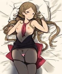 breasts brown_eyes brown_hair gloves granblue_fantasy hair_censor hanarito harie_(granblue_fantasy) lying nipples panties panty_pull pubic_hair pussy_juice underwear