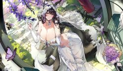 animal_ear_fluff animal_ears arm_under_breasts azur_lane bare_shoulders black_hair blush bouquet breasts bridal_veil bride bug butterfly cg choker cleavage collarbone detached_sleeves dress female flower fox_ears fox_girl fox_tail kitsune large_breasts long_hair looking_at_viewer multi_tail musashi_(azur_lane) musashi_(purest_wisteria)_(azur_lane) navel official_alternate_costume parted_lips purple_flower revealing_clothes see-through solo tail veil very_long_hair wedding_dress yellow_eyes