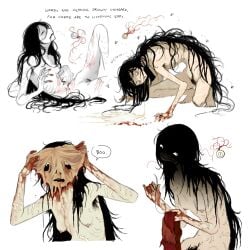 black_hair blood blood_on_hands breasts bug colored_skin completely_nude english_text eyeball female fly gore grin guro highres horror_(theme) jejejunum jejenum_(jejejunum) long_hair needle nipples nude old old_woman original pale_skin pubic_hair scar scar_on_arm scratches self-harm sewing sewing_needle shaded_face simple_background small_breasts smile speech_bubble very_long_hair vomit vomiting white_background white_skin