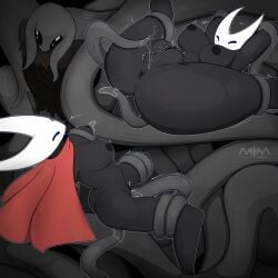 absurd_res big_breasts black_body bodily_fluids bottomless breasts clothed clothing female female_penetrated genital_fluids genitals greyroot hi_res hollow_knight hollow_knight_(franchise) hornet_(hollow_knight) humanoid nipples penetration pussy restrained restrained_arms restrained_by_tentacles restrained_legs sex smashedplate21 team_cherry tentacle tentacle_penetration tentacle_sex vaginal_fluids vaginal_penetration vulva
