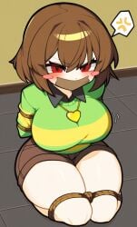 1girls ai_generated anger anger_symbol anger_vein angry angry_expression angry_eyes angry_face arms_behind_back arms_restrained arms_tied arms_tied_behind_back bdsm big_boobs big_breasts big_hips big_thighs big_tits blush blushing blushing_at_viewer blushing_female bondage boob_focus boobies boobs breast_focus breasts captured captured_female chara chara_(undertale) gagged gagged_female hips honeybunn14 kidnapped kidnapped_female kidnapped_girl legs_tied legs_tied_together looking_at_viewer looking_up looking_up_at_viewer on_knees restrained restraints rope rope_bondage tape_gag taped_mouth thighs tied tied_arms tied_legs tied_up tits titties undertale