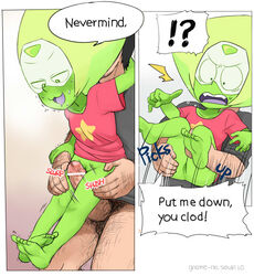 ! 1boy 1boy1girl 1girls :3 alien alien/human alien_girl ass ass_grab barefoot blush bottomless carrying censored comic drooling duo english english_text feet female flat_chest gem_(species) gnome-no green_hair green_skin hairless_pussy human interspecies larger_male leg_grab male male/female motion_lines outercourse penis peridot_(steven_universe) pussy sex shirt size_difference smaller_female soles solo_focus sound_effects speech_bubble steven_universe straight surprised sweat t-shirt text thigh_sex toes tribadism_on_penis unseen_male_face vagina visor wide_eyed