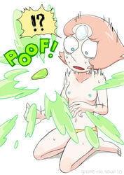 ! !? areolae barefoot blue_eyes breasts clothes duo feet female female_only forehead_jewel gem_(species) gnome-no kneeling navel nipples open_mouth panties pearl_(steven_universe) peridot_(steven_universe) pink_hair short_hair small_breasts solo_focus sound_effects steven_universe surprised sweat toes topless underwear white_skin wide_eyed