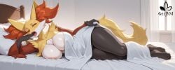 1girls 5_toes ai_generated anthro areola areola_slip areolae areolae_slip bed bedroom blanket blanket_grab breasts covered_body covered_nipples delphox female hand_covering_mouth huge_breasts large_breasts mature_female milf morning mother nude nude_female one_eye_closed pokemon pokemon_(species) serbm sleepy solo yawn
