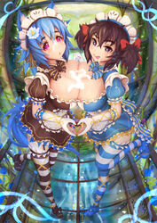 2girls :q aigonderoga animal_ears apron bangs blue_hair blush breast_press breasts bright_pupils brown_hair cleavage cum cum_in_mouth cum_on_body cum_on_breasts cum_on_tongue cum_on_upper_body facial flower frilled_apron frilled_gloves frilled_sleeves frills garter_straps gloves hair_flower hair_ornament hair_ribbon heart heart_hands heart_hands_duo highres holding_hands huge_breasts interlocked_fingers looking_at_viewer maid_headdress multiple_girls naughty_face original pink_eyes puffy_short_sleeves puffy_sleeves purple_eyes ribbon shoes short_hair short_sleeves short_twintails striped striped_legwear symmetrical_docking tail thighhighs tied_hair tongue tongue_out twintails zettai_ryouiki