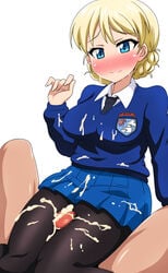 1boy black_legwear blonde_hair blue_eyes blush braid breasts censored cum cum_on_body cum_on_breasts cum_on_clothes cum_on_upper_body darjeeling facial female girls_und_panzer highres kani_club necktie open_mouth outercourse pantyhose penis school_uniform short_hair skirt smile solo_focus straight sweater thigh_sex thighs tied_hair