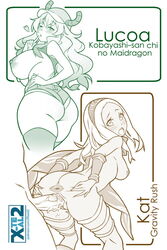 <3 1boy 2girls ;) anus artist_name ass bent_over black_legwear black_thighhighs blush bracelet breasts cat character_name crossover dark-skinned_female dark_skin dat_ass dragon dragon_girl dragon_horns english english_text female gravity_rush horns jewelry kat_(gravity_rush) large_breasts legwear long_hair male miss_kobayashi's_dragon_maid monochrome multiple_girls nipples one_eye_closed pussy quetzalcoatl_(dragon_maid) scar sex short_shorts shorts sideboob text thighhighs vaginal_penetration web_address wink x-teal