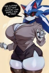 ai_generated anthro big_breasts blue_body bottomwear breasts cleavage clothed clothing curvy_figure cybernetics dialogue dress_shirt english_text eyewear female glasses hellsonger hi_res huge_breasts legwear looking_at_viewer machine mammal metal_sonic mtf_crossgender neo_metal_sonic red_eyes rule_63 sega skirt solo sonic_(series) sonic_the_hedgehog_(series) speech_bubble text thick_thighs thigh_highs thigh_squish topwear underwear voluptuous wide_hips