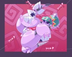 alesmadness1 brawl_stars breasts fingering fingering_nipple fingering_pussy forced_exposure gigi_(brawl_stars) gloves green_hair hands_on_breasts holding_breast huge_ass huge_breasts huge_nipples purple_body raped_by_monster squirting squished_breasts