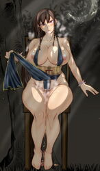 alternate_costume alternate_hairstyle areolae barefoot black_dress blush breasts brown_hair china_dress chun-li chun-li_(battle_ouffit_sfv) cleavage curvy dress_lift elizabeth_(ren0522) feet female female_only huge_breasts human large_breasts long_hair looking_at_viewer nipples red_eyes sitting solo steam street_fighter street_fighter_v sunlight thick_thighs wide_hips