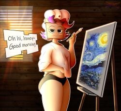 2025 2d beige_shirt belly belly_button belly_exposed black_eyes brusha_(dandy's_world) dandy's_world female ink morning nyrezu painting thick thick_ass thick_thighs thought_bubble