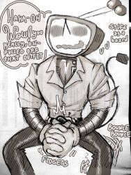 antennae_(anatomy) blush boner boner_in_pants boner_under_clothes deltarune erection erection_under_clothes erection_under_clothing gloved_hands hard_on hiding_erection letttusse nervous nervous_smile robot_humanoid tail tenna_(deltarune) text text_bubble tv_head