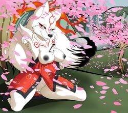 2016 absurdres amaterasu anthro areola black_nose black_sclera breasts canine capcom cherry_blossom deity eyelashes female fur furry highres itsuko103 japanese_clothing kimono kneeling looking_at_viewer mammal markings nipples okami paintbrush plant pussy smile solo tree white_eyes white_fur wolf