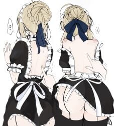 1girls 1other alternate_outfit aroused artoria_pendragon ass ass_focus behind_view big_ass blonde_hair blush braided_bun dress_lift enmaided exposed_back fate/stay_night fate_(series) female garter_straps hayato_hoshi604 horny_female maid maid_headdress maid_uniform ribbon saber thighhighs thighs touching_back zettai_ryouiki