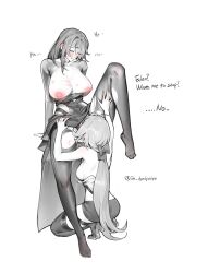 2girls absurdres bite_mark bite_mark_on_breast blush boots breasts closed_eyes closed_mouth commentary cunnilingus dress dyadyadya eden_(honkai_impact) elysia_(honkai_impact) english_text female greyscale hand_on_another's_thigh high_heel_boots high_heels highres honkai_(series) honkai_impact_3rd huge_breasts leg_up long_hair monochrome multiple_females multiple_girls nipples no_shoes oral paid_reward_available pantyhose pussy pussy_juice pussy_juice_on_fingers spot_color squatting standing standing_cunnilingus thigh_boots torn_clothes torn_pantyhose yuri