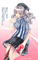 :d beret blue_eyes blush condom_box cum cum_on_body cum_on_lower_body dress employee_uniform female hair hat headgear kantai_collection kashima_(kantai_collection) lawson looking_at_viewer open_mouth silver_hair skirt smile tied_hair twintails ugeppa uniform