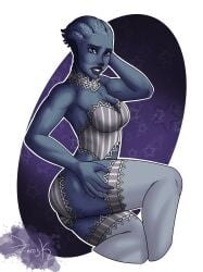 alien alien_girl asari blue_eyes blue_skin female female_focus jzerosk legs_up liara_t&#039;soni lingerie lingerie_only looking_at_viewer mass_effect matching_underwear pinup presenting_hindquarters solo solo_female stockings thigh_high_stockings underwear