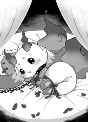 absurd_res anthro anus arms_tied ass blush bound censored chains collar female genitals hi_res ineffective_censorship kajiura legs_tied long_ears lunlun_(nijisanji) lying monochrome nijisanji on_side open_mouth petals pillow solo unknown_species virtual_youtuber vtuber vulva