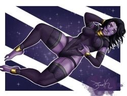 2_toes 3_fingers alien alien_girl black_hair female hand_behind_head jzerosk laying_down lingerie looking_at_viewer mass_effect matching_underwear on_back pinup purple_skin quarian shy_smile solo solo_female tali&#039;zorah_nar_rayya thigh_high_stockings underwear white_eyes
