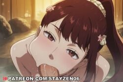 1boy 1girl ai ai_art ai_generated blush brown_eyes brown_hair cheek_bulge completely_nude dungeon_ni_deai_wo_motomeru_no_wa_machigatteiru_darou_ka erection fellatio hair_ornament head_tilt hetero jewelry long_hair looking_at_viewer mixed-sex_bathing necklace nude onsen oral partially_submerged penis ponytail pov rock shared_bathing solo_focus uncensored veins veiny_penis water wet