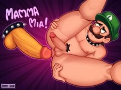 1boy anus balls big_dildo bowser_dildo brown_hair collar dialogue dildo erection facial_hair feet frogsly gay genitals green_hat hat huge_dildo humanoid large_dildo light-skinned_male light_skin luigi male male_nipples male_only mammal mario_(series) nintendo nipples nude penis pubic_hair short_hair solo solo_focus solo_male testicles yellow_dildo