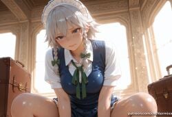 1girl ai_generated blue_dress blue_eyes blush bow braid breasts dress green_bow hair_bow implied_sex indoors izayoi_sakuya kermixx looking_at_viewer maid maid_headdress short_sleeves solo spread_legs squatting suitcase sweat touhou touhou_project twin_braids white_hair