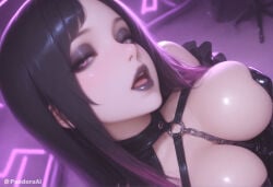 1girl absurd_res ai_generated artist_name artist_upload bare_shoulders black_hair black_lips blurry breasts chain cleavage dutch_angle eyeshadow goth_fashion half-closed_eyes hi_res large_breasts lips lipstick long_hair looking_at_viewer makeup mascara more_at_source multicolored_hair o-ring open_mouth pandora patreon patreon_username purple_eyes purple_hair purple_lips self_upload shiny_clothes solo uncensored upper_body watermark