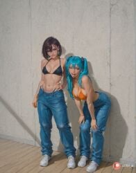 2girls against_wall ai_generated aisinful aqua_hair ass ayase_momo big_ass big_boobs big_butt bikini bikini_top blue_bikini blue_hair blush breasts butt cleavage dandadan denim female hatsune_miku hi_res jeans large_breasts long_hair medium_breasts multiple_girls navel nose pants shoes short_hair sneakers swimsuit thick_thighs twintails white_footwear wide_hips