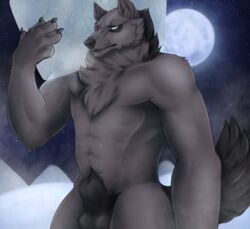 1boy animal_genitalia anthro balls canine full_moon fully_sheathed fur grey_fur ice ice_wolf_(undertale) male male_only mammal moon muscular night nude sheath sky solo standing star starry_sky undertale video_games wolf yaroul