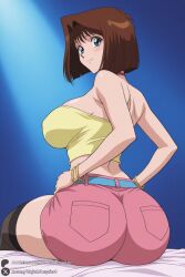 1female 1girl 1girls 2026 ai_generated anzu_mazaki artist_name ass bangs bare_shoulders belt big_ass big_breasts black_thighhighs blue_eyes blush bob_cut bracelet breasts brown_hair crop_top curvy from_behind hands_on_hips hi_res high_quality high_resolution highres huge_ass huge_breasts jewelry large_breasts looking_at_viewer looking_back patreon patreon_username pink_shorts pocket short_hair shorts sitting smile solo strapless tea_gardner thighhighs tube_top unjobdespiert watermark yu-gi-oh yu-gi-oh! yu-gi-oh!_duel_monsters yugioh