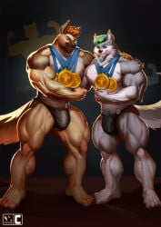 2boys abs biceps bulge canine male muscles muscular muscular_arms muscular_legs muscular_male muscular_thighs pecs