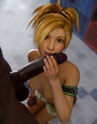 1boy 1boy1girl 1girls 1girls1boy breasts crunchypachy dark-skinned_male final_fantasy final_fantasy_x grabbing_penis imminent_oral kneeling large_penis licking licking_penis partially_clothed_female rikku