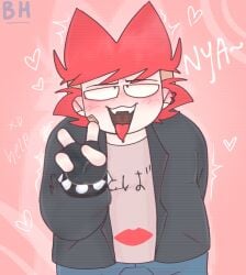 1boy ahegao ahegao_face blush blushing boy clothing cringe focus front_view gay hand_behind_back hand_up jacket_open leather_jacket male male_focus male_only moaning oc original original_character peace_sign red_hair smiling tongue tongue_out