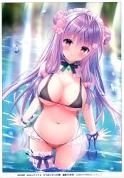 1girl bikini bikini_bottom bikini_top breasts cleavage detached_collar female garter large_breasts long_hair maid maid_bikini maid_headdress original purple_hair see-through shiwasu_horio swimsuits twin_buns underboob