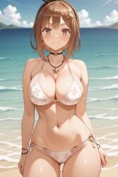 1girl ai_generated arms_at_sides ass_visible_through_thighs atelier_(series) atelier_ryza bare_arms bare_shoulders beach bikini black_choker black_hairband black_ribbon blue_sky blush bow_hairband bracelet breasts brown_eyes brown_hair choker cleavage closed_mouth cloud collarbone cowboy_shot day earrings floral_print hair_ornament hair_ribbon hairband hairclip halterneck jewelry large_breasts looking_at_viewer navel necklace o-ring o-ring_bikini o-ring_bottom ocean outdoors pendant pixiv print_bikini reisalin_stout rena_aikawa_(pixiv_user) ribbon sand shore short_hair side-tie_bikini_bottom skindentation sky smile solo stable_diffusion standing star_(symbol) star_earrings star_necklace stomach string_bikini swimsuit thick_thighs thigh_gap thighs water white_bikini wide_hips