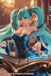 1girl ai ai_art ai_generated alternate_costume aqua_eyes aqua_hair bare_shoulders beamed_eighth_notes blue_dress blue_eyes blue_hair blurry blurry_background breasts cleavage closed_mouth collarbone dress earrings eighth_note hair_ornament indoors instrument jewelry large_breasts league_of_legends lips long_hair looking_at_viewer low_neckline medium_breasts music musical_note nose playing_instrument quarter_note smile solo sona_(league_of_legends) strapless_dress twintails very_long_hair wide_sleeves
