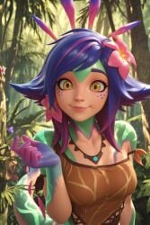 1girl ai ai_art ai_generated bare_shoulders blue_hair breasts brown_shirt bug butterfly closed_mouth collarbone colored_skin crop_top day flipped_hair flower forest freckles green_skin hair_flower hair_ornament hand_up jewelry jungle league_of_legends lips lizard_tail looking_at_viewer medium_breasts medium_hair multicolored_hair multicolored_skin nature necklace outdoors pink_flower pink_hair pink_lips purple_hair reptile_girl shirt smile solo strap_slip tail tank_top tree two-tone_hair upper_body yellow_eyes