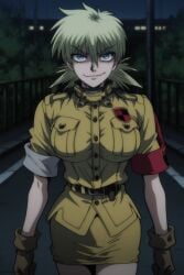 1girl ai ai_art ai_generated armband belt blonde_hair blue_eyes breast_pocket breasts brown_gloves clenched_hands cowboy_shot evil_grin evil_smile gloves grin hair_between_eyes hellsing impossible_clothes jacket large_breasts looking_at_viewer military military_uniform miniskirt night outdoors pencil_skirt pocket railing road short_sleeves skirt sleeves_rolled_up smile smirk solo standing taut_clothes uniform yellow_skirt