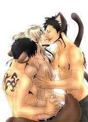 3boys 5:7 abs animal_ears bara black_hair_male blonde_hair blonde_hair_male body_hair cat_boy cat_ears cat_tail catboy gangsta kissing licking male male_only multiple_boys muscle muscles nicolas_brown pecs pixiv raised_tail scar short_black_hair short_blonde_hair short_hair_male tail tattoo topless undressing undressing_self white_background worick_arcangelo yaoi