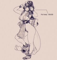 arms big_breasts black_and_white boobs breasts cleavage commission commission_art commission_price_sheet commissions_open crotch deep_cleavage exposed_arms exposed_hips exposed_legs exposed_thighs female full_body greyscale groin hip_focus hips hot inner_sideboob large_breasts mai_shiranui monochrome no_bra pretty pretty_face revealing_clothes sexy sexy_body sexy_female side_view sideboob solo solo_female street_fighter tagme_(artist) thick thick_ass thick_legs thick_thighs thighs