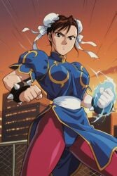 1girl ai ai_art ai_generated aura bracelet brown_eyes brown_hair bun_cover china_dress chinese_clothes chun-li double_bun dress hair_bun jewelry pantyhose pelvic_curtain sash short_hair solo spiked_bracelet spikes street_fighter sunset