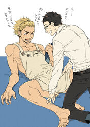 2boys apron bara barefoot blonde_hair blush brown_hair business_suit feet glasses haikyuu!! juri_otoko male male_only multiple_boys muscle muscles naughty_face necktie pecs short_hair sweat takeda_ittetsu text ukai_keishin undressing yaoi