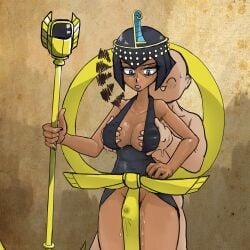 1boy 1girl ancient_egyptian ancient_egyptian_clothes annoyed bald black_dress black_hair blue_eyes blush breasts brown_background clothed_female_nude_male commentary_request cowboy_shot dark-skinned_female dark_skin dress eliza_(skullgirls) grabbing_another's_breast grabbing_from_behind groping hentaicat hetero highres holding holding_staff korean_commentary looking_down medium_breasts no_panties nude open_mouth penis_under_another's_clothes pubic_hair pubic_hair_peek pussyjob short_hair skullgirls staff thigh_sex tiara