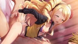 1boy 1girl ass bikini bikini_under_clothes blonde_hair breasts censored drill_hair eiyuu_senki eiyuu_senki_ww erection flower game_asset goethe_(eiyuu_senki) grabbing_another's_penis green_eyes heavy_breathing highleg highleg_bikini jacket kanya_pyi long_hair looking_at_another monocle mosaic_censoring muscular muscular_male nipples open_mouth penis protagonist_(eiyuu_senki) purple_bikini rose small_breasts smile straddling sweat swimsuit upright_straddle