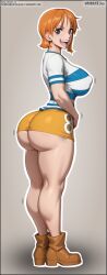 1girls ai_art ai_generated back_view big_ass big_breasts clothed concept_art female female_focus female_only footwear legs looking_at_viewer looking_back miniskirt nami_(one_piece) one_piece opened_mouth orange_eyes orange_hair orange_miniskirt short_hair simple_background smiling smiling_at_viewer standing striped_shirt thick thick_ass thick_hips thick_legs thick_thighs warbeastinc.